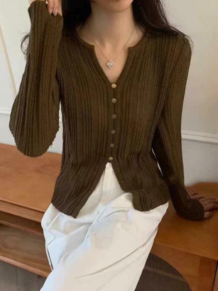 Coquette Aesthetic Solid V-Neck Slit Long Sleeve Knit Sweater Coquette Aesthetic Solid V-Neck Slit Long Sleeve Knit Sweater