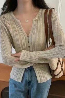 Coquette Aesthetic Solid V-Neck Slit Long Sleeve Knit Sweater