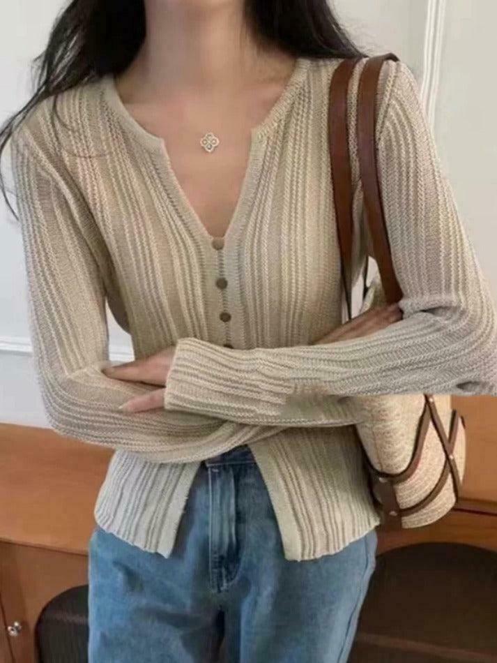 Coquette Aesthetic Solid V-Neck Slit Long Sleeve Knit Sweater Coquette Aesthetic Solid V-Neck Slit Long Sleeve Knit Sweater