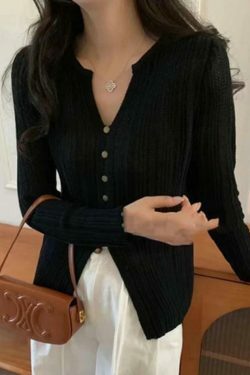 Coquette Aesthetic Solid V-Neck Slit Long Sleeve Knit Sweater