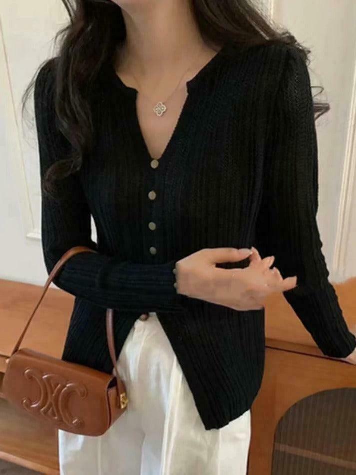 Coquette Aesthetic Solid V-Neck Slit Long Sleeve Knit Sweater Coquette Aesthetic Solid V-Neck Slit Long Sleeve Knit Sweater