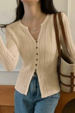 Coquette Aesthetic Solid V-Neck Slit Long Sleeve Knit Sweater