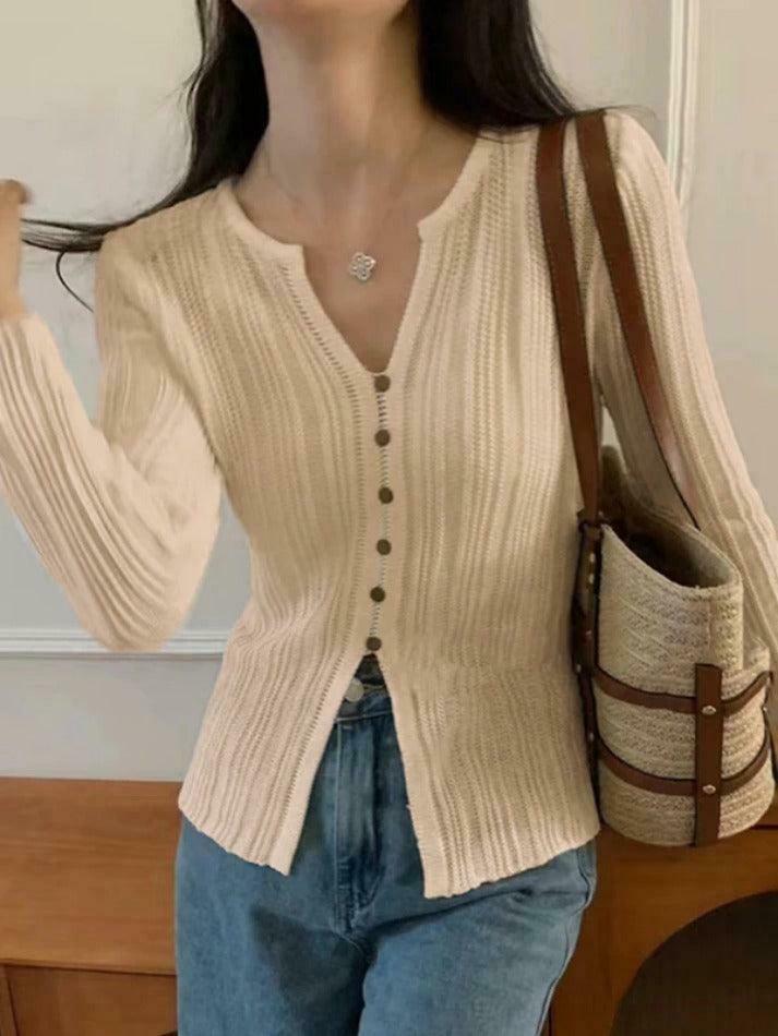 Coquette Aesthetic Solid V-Neck Slit Long Sleeve Knit Sweater Coquette Aesthetic Solid V-Neck Slit Long Sleeve Knit Sweater