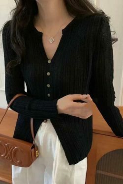 Coquette Aesthetic Solid V-Neck Slit Long Sleeve Knit Sweater