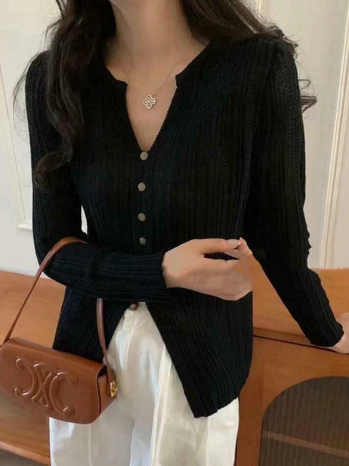 Coquette Aesthetic Solid V-Neck Slit Long Sleeve Knit Sweater Coquette Aesthetic Solid V-Neck Slit Long Sleeve Knit Sweater