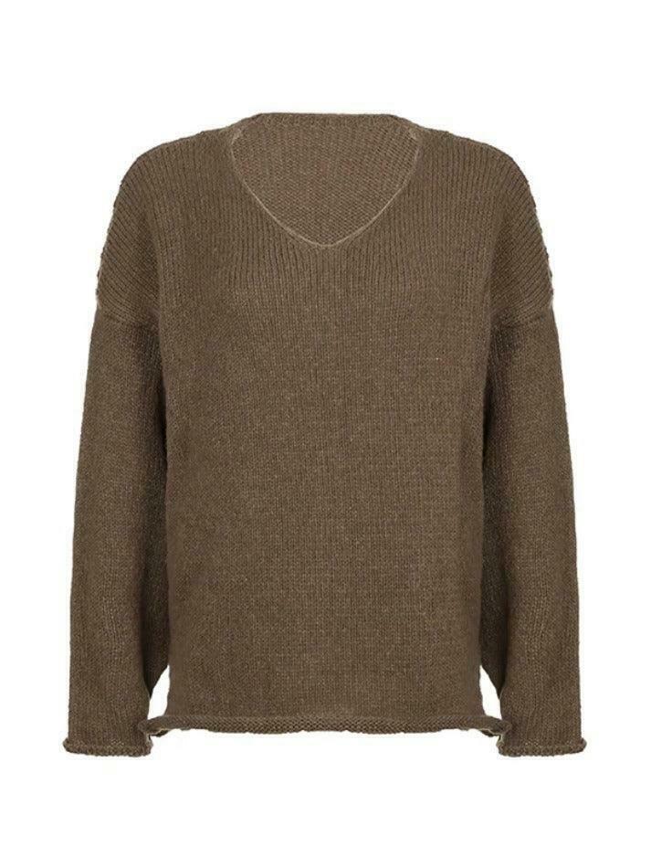 Coquette Aesthetic Solid V-Neck Slit Rolled Sweater Coquette Aesthetic Solid V-Neck Slit Rolled Sweater