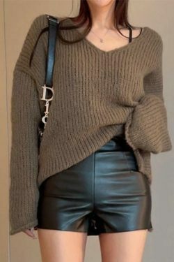 Coquette Aesthetic Solid V-Neck Slit Rolled Sweater