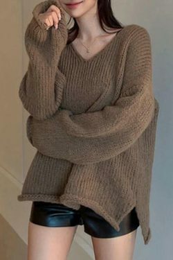 Coquette Aesthetic Solid V-Neck Slit Rolled Sweater