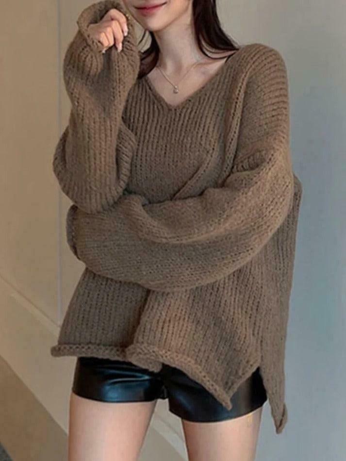 Coquette Aesthetic Solid V-Neck Slit Rolled Sweater Coquette Aesthetic Solid V-Neck Slit Rolled Sweater
