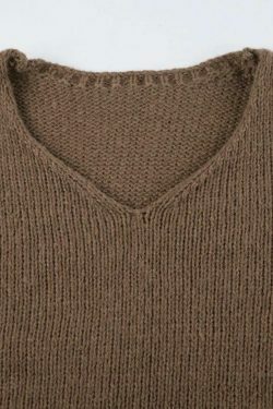 Coquette Aesthetic Solid V-Neck Slit Rolled Sweater