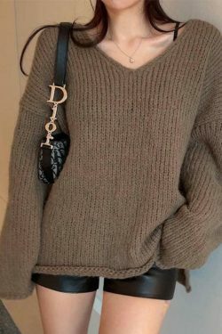 Coquette Aesthetic Solid V-Neck Slit Rolled Sweater