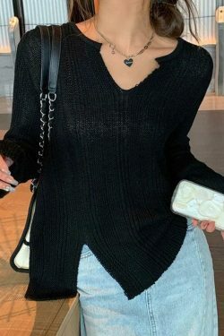 Coquette Aesthetic Solid V-Neck Slit Thin Long Sleeve Knit Sweater