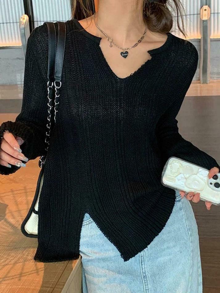 Coquette Aesthetic Solid V-Neck Slit Thin Long Sleeve Knit Sweater Coquette Aesthetic Solid V-Neck Slit Thin Long Sleeve Knit Sweater