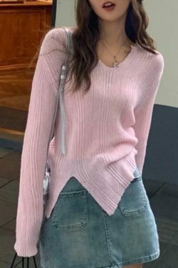 Coquette Aesthetic Solid V-Neck Slit Thin Long Sleeve Knit Sweater