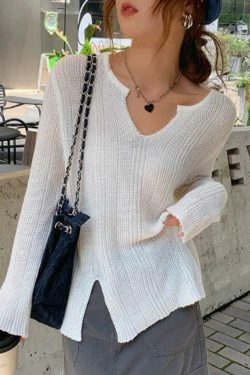 Coquette Aesthetic Solid V-Neck Slit Thin Long Sleeve Knit Sweater