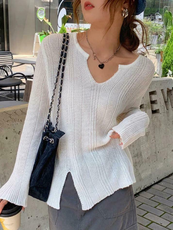 Coquette Aesthetic Solid V-Neck Slit Thin Long Sleeve Knit Sweater Coquette Aesthetic Solid V-Neck Slit Thin Long Sleeve Knit Sweater
