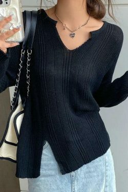 Coquette Aesthetic Solid V-Neck Slit Thin Long Sleeve Knit Sweater