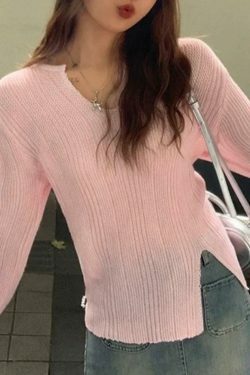 Coquette Aesthetic Solid V-Neck Slit Thin Long Sleeve Knit Sweater