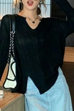 Coquette Aesthetic Solid V-Neck Slit Thin Long Sleeve Knit Sweater