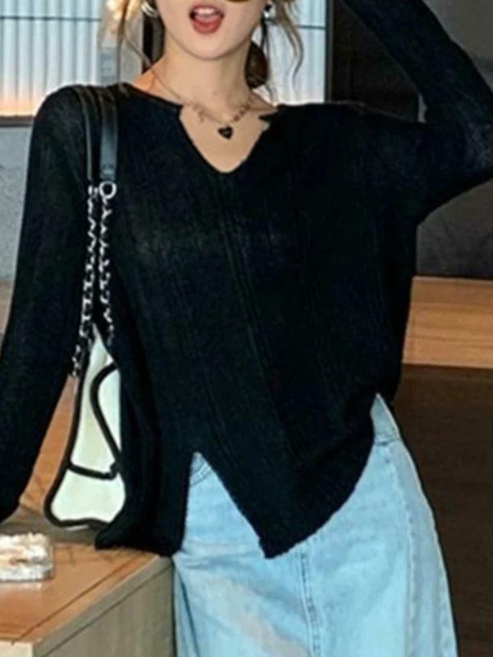 Coquette Aesthetic Solid V-Neck Slit Thin Long Sleeve Knit Sweater Coquette Aesthetic Solid V-Neck Slit Thin Long Sleeve Knit Sweater