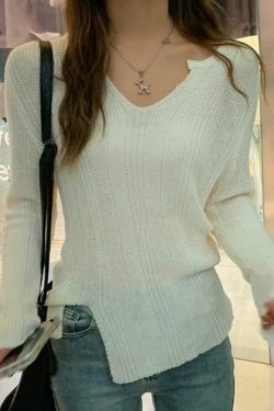 Coquette Aesthetic Solid V-Neck Slit Thin Long Sleeve Knit Sweater