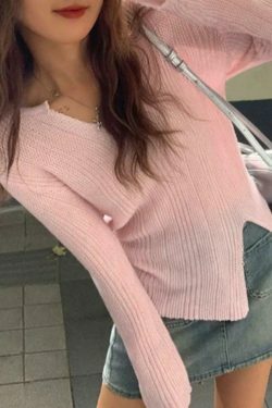 Coquette Aesthetic Solid V-Neck Slit Thin Long Sleeve Knit Sweater