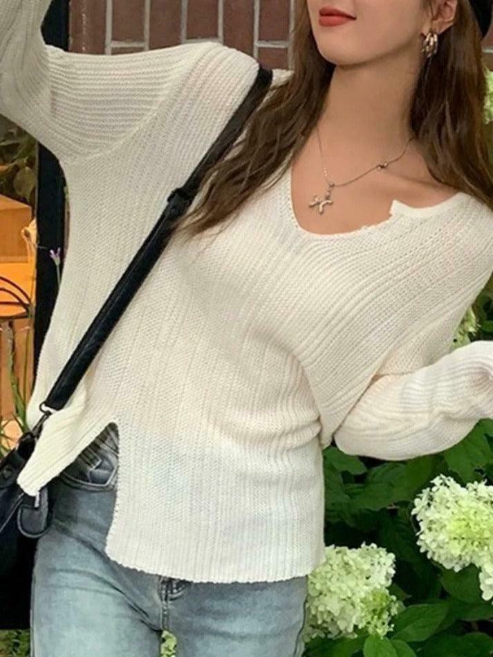 Coquette Aesthetic Solid V-Neck Slit Thin Long Sleeve Knit Sweater Coquette Aesthetic Solid V-Neck Slit Thin Long Sleeve Knit Sweater