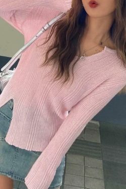 Coquette Aesthetic Solid V-Neck Slit Thin Long Sleeve Knit Sweater