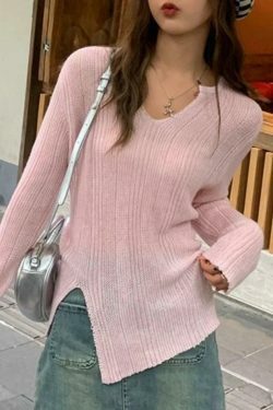 Coquette Aesthetic Solid V-Neck Slit Thin Long Sleeve Knit Sweater