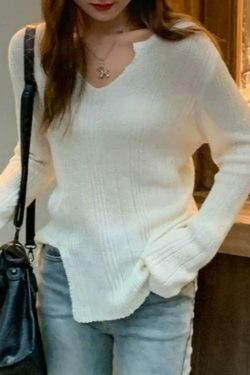 Coquette Aesthetic Solid V-Neck Slit Thin Long Sleeve Knit Sweater