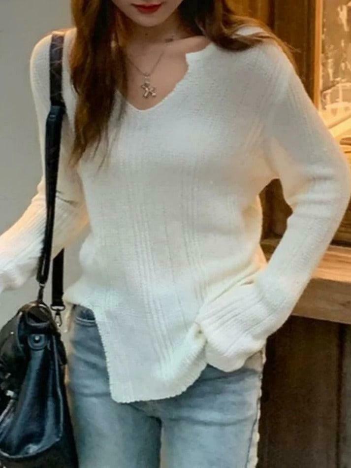 Coquette Aesthetic Solid V-Neck Slit Thin Long Sleeve Knit Sweater Coquette Aesthetic Solid V-Neck Slit Thin Long Sleeve Knit Sweater
