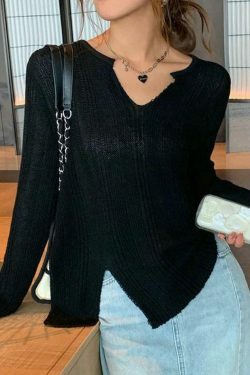 Coquette Aesthetic Solid V-Neck Slit Thin Long Sleeve Knit Sweater