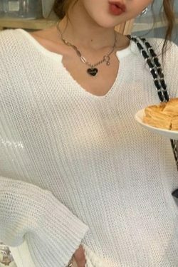 Coquette Aesthetic Solid V-Neck Slit Thin Long Sleeve Knit Sweater