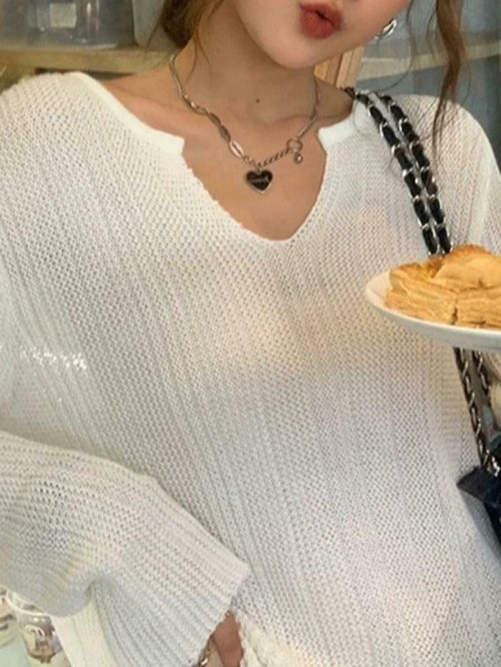 Coquette Aesthetic Solid V-Neck Slit Thin Long Sleeve Knit Sweater Coquette Aesthetic Solid V-Neck Slit Thin Long Sleeve Knit Sweater