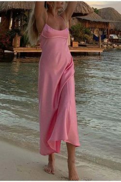 Coquette Aesthetic Split Slip Dress - Y2K Fashion with a Touch of Grunge and Pastel Goth