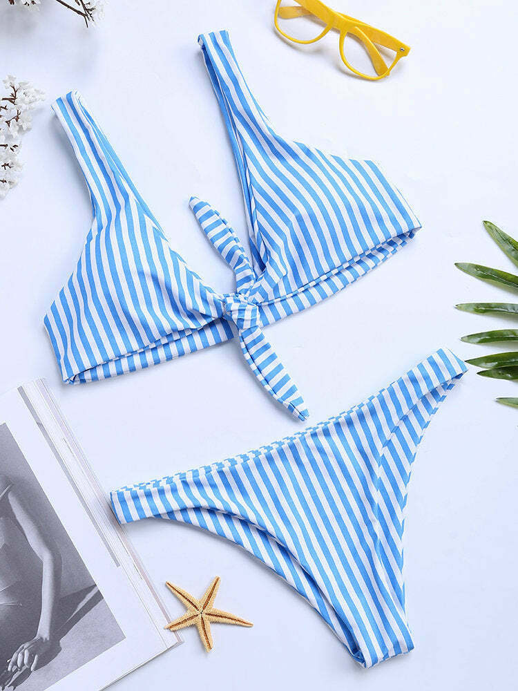 Coquette Aesthetic Stripe Halter String Bowknot Bikini - Y2K Fashion Two Piece Swimsuit