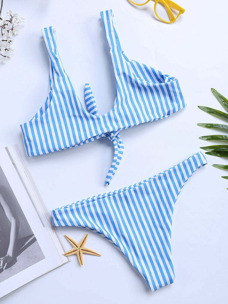 Coquette Aesthetic Stripe Halter String Bowknot Bikini - Y2K Fashion Two Piece Swimsuit