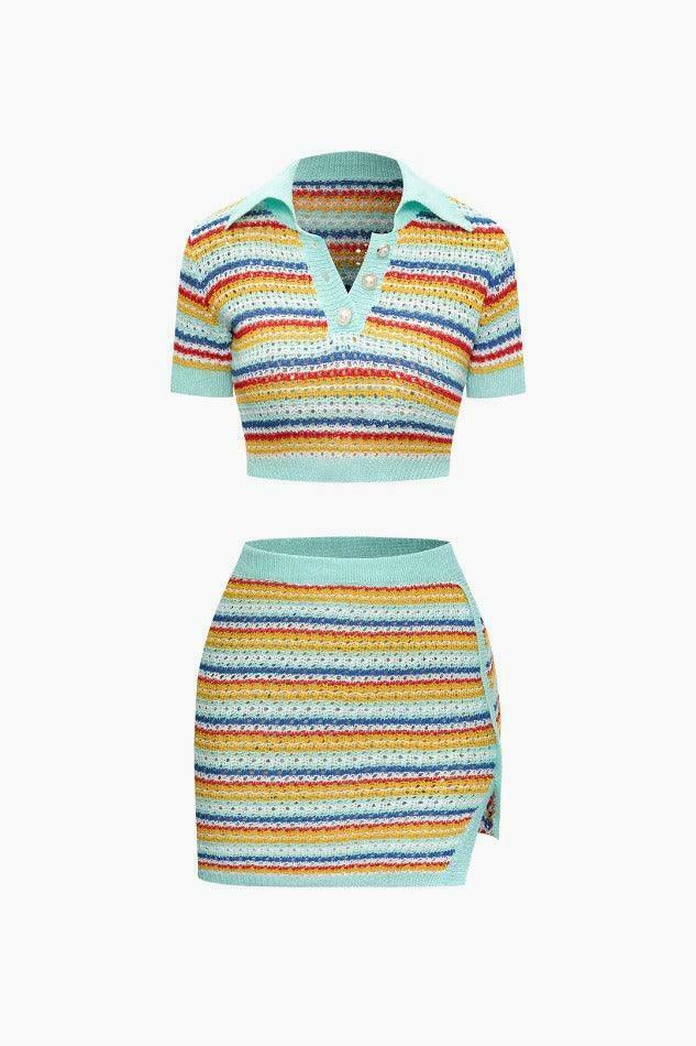 Coquette Aesthetic Stripe Knit Crop Top & Slit Mini Skirt Set