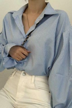 Coquette Aesthetic Stripe Lantern Sleeve Long Sleeve Blouse