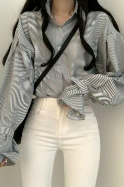 Coquette Aesthetic Stripe Lantern Sleeve Long Sleeve Blouse