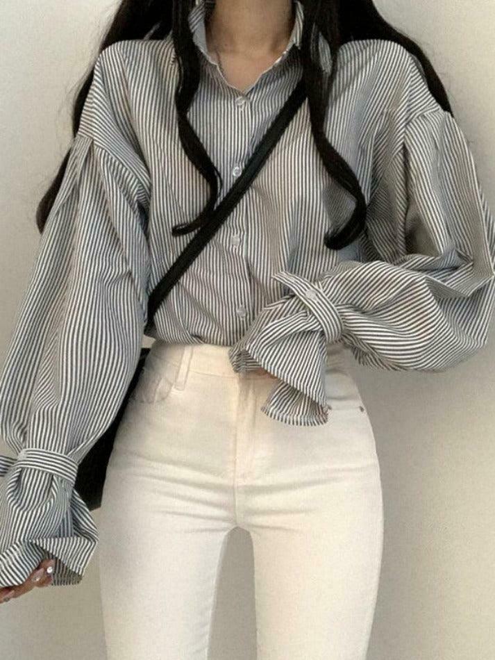 Coquette Aesthetic Stripe Lantern Sleeve Long Sleeve Blouse Coquette Aesthetic Stripe Lantern Sleeve Long Sleeve Blouse