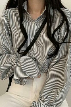 Coquette Aesthetic Stripe Lantern Sleeve Long Sleeve Blouse
