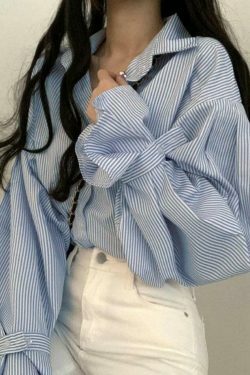 Coquette Aesthetic Stripe Lantern Sleeve Long Sleeve Blouse