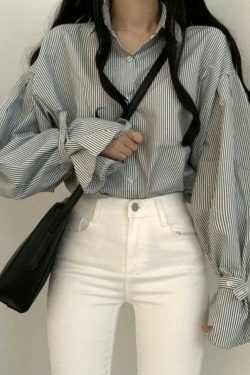 Coquette Aesthetic Stripe Lantern Sleeve Long Sleeve Blouse