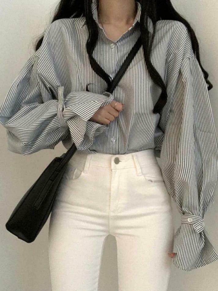 Coquette Aesthetic Stripe Lantern Sleeve Long Sleeve Blouse Coquette Aesthetic Stripe Lantern Sleeve Long Sleeve Blouse