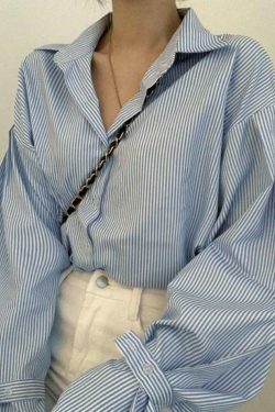 Coquette Aesthetic Stripe Lantern Sleeve Long Sleeve Blouse