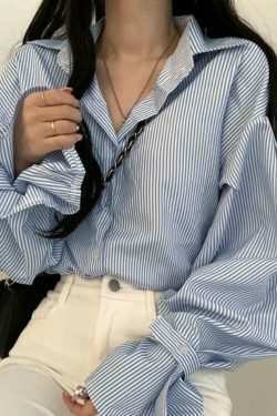 Coquette Aesthetic Stripe Lantern Sleeve Long Sleeve Blouse