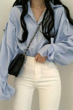 Coquette Aesthetic Stripe Lantern Sleeve Long Sleeve Blouse