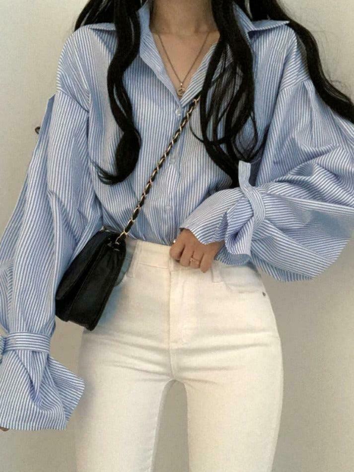 Coquette Aesthetic Stripe Lantern Sleeve Long Sleeve Blouse Coquette Aesthetic Stripe Lantern Sleeve Long Sleeve Blouse