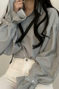 Coquette Aesthetic Stripe Lantern Sleeve Long Sleeve Blouse